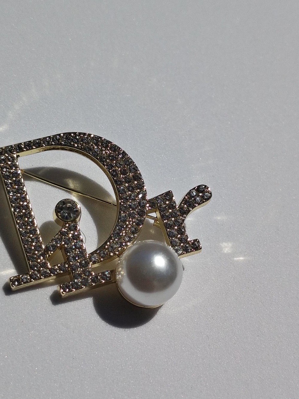 Upcycled Crystal-Embellished Logo Brooch with Faux Pearl - Gold & White